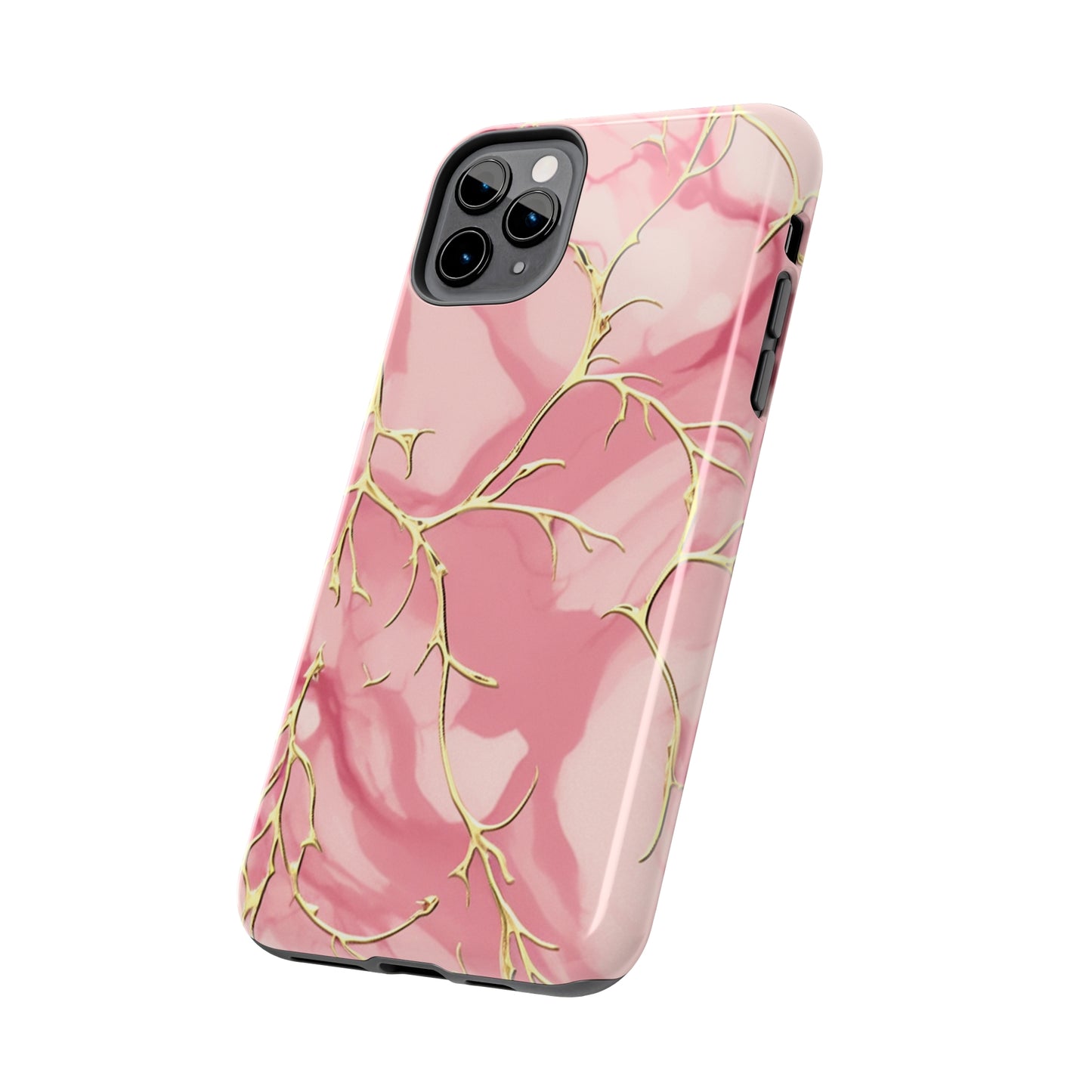 iPhone Elegance Unveiled: Pink & Gold Leaf Marble | Premium Tough iPhone Case