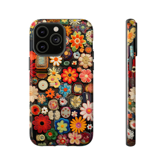 Retro hippie peace sign and floral patchwork design on phone case