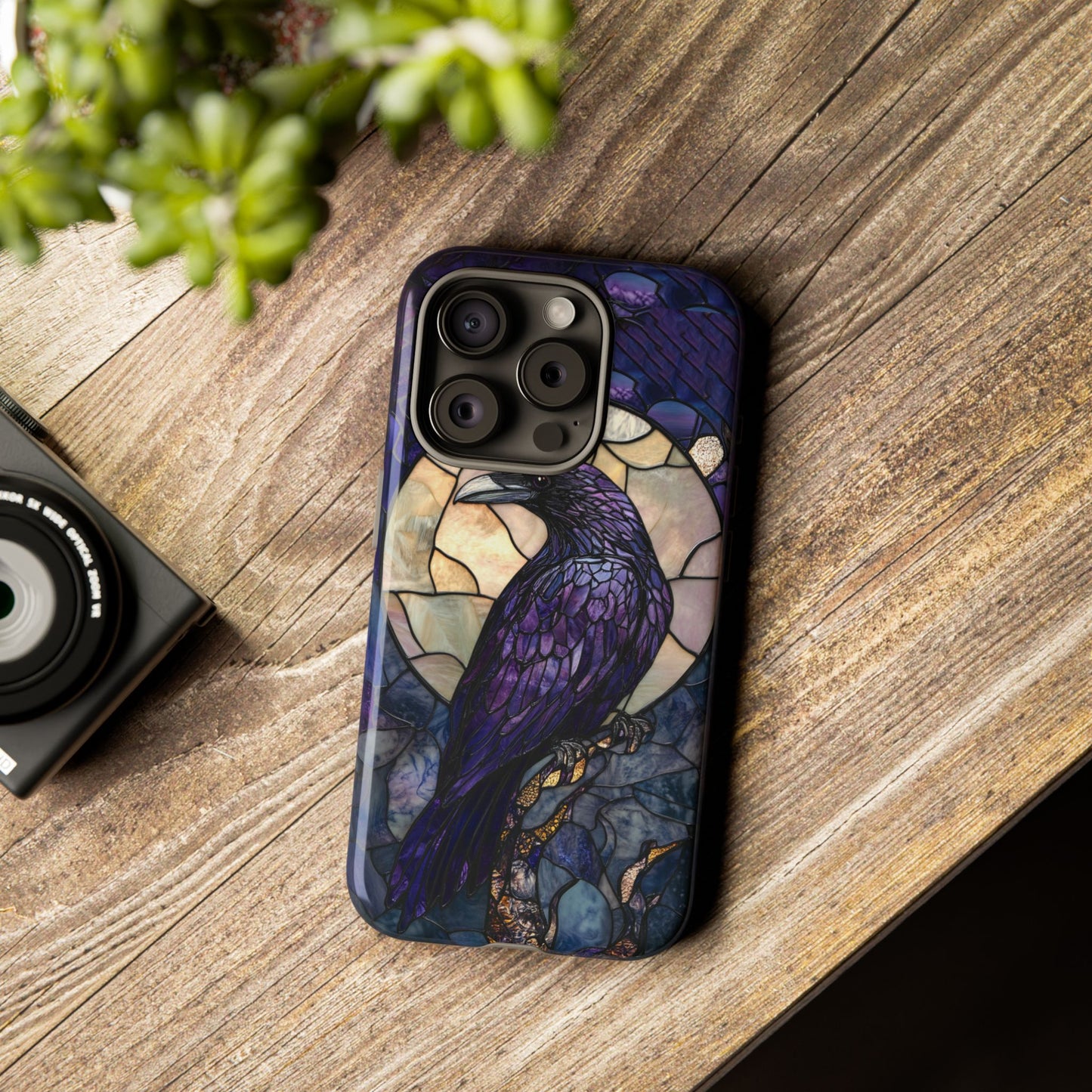 Halloween Phone Case Purple Raven Stained Glass Style Spooky Moon Phone Cover