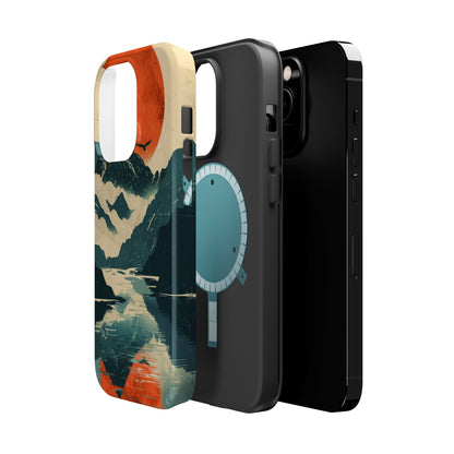 Retro iPhone Case Mountain Sunset Lake Reflection MagSafe Phone Case