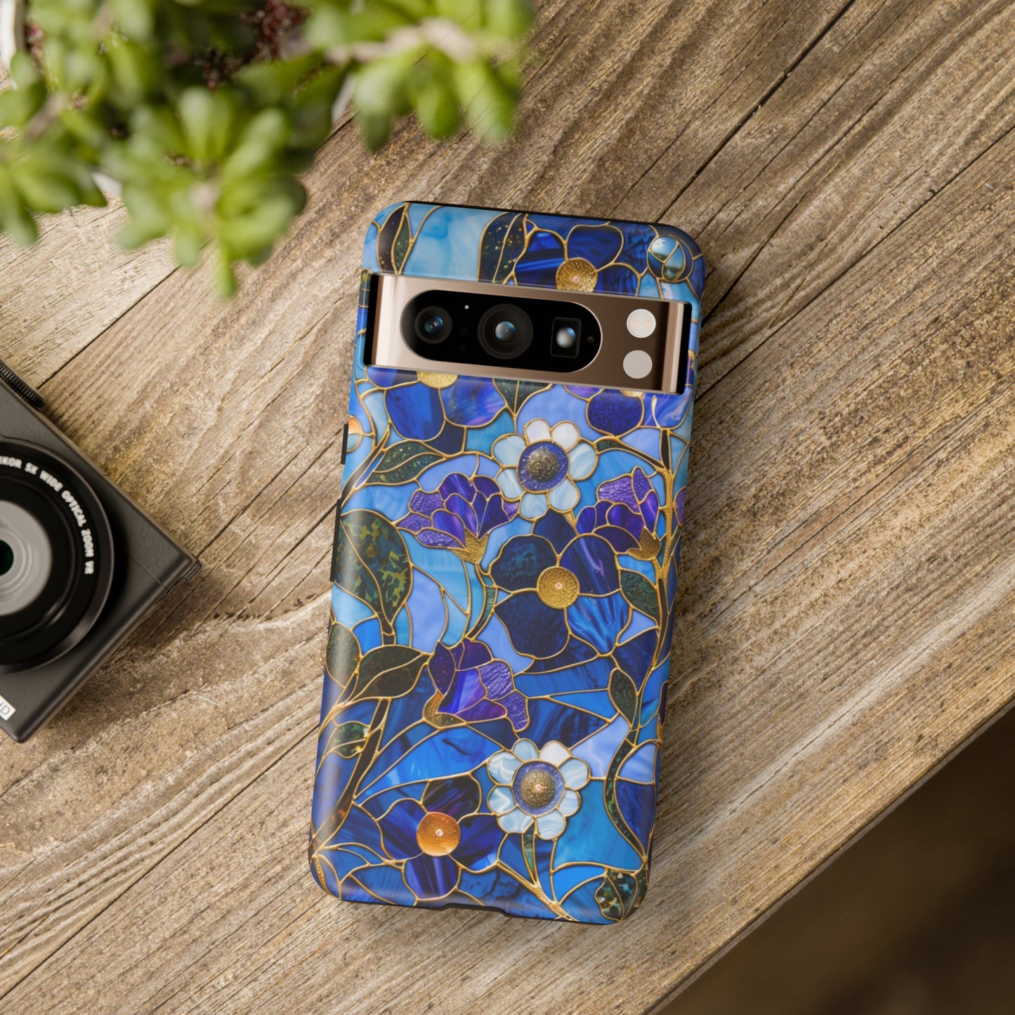 Blue Floral Stained Glass Gold Inlay Wild Flowers Phone Case