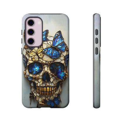 Gold and Blue Stained Glass Skull and Butterflies Phone Cover