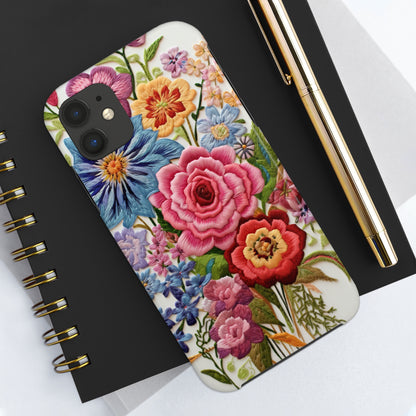 Embroidery Style Floral Aesthetic Flowers in Retro Vintage Tough Case iPhone Case