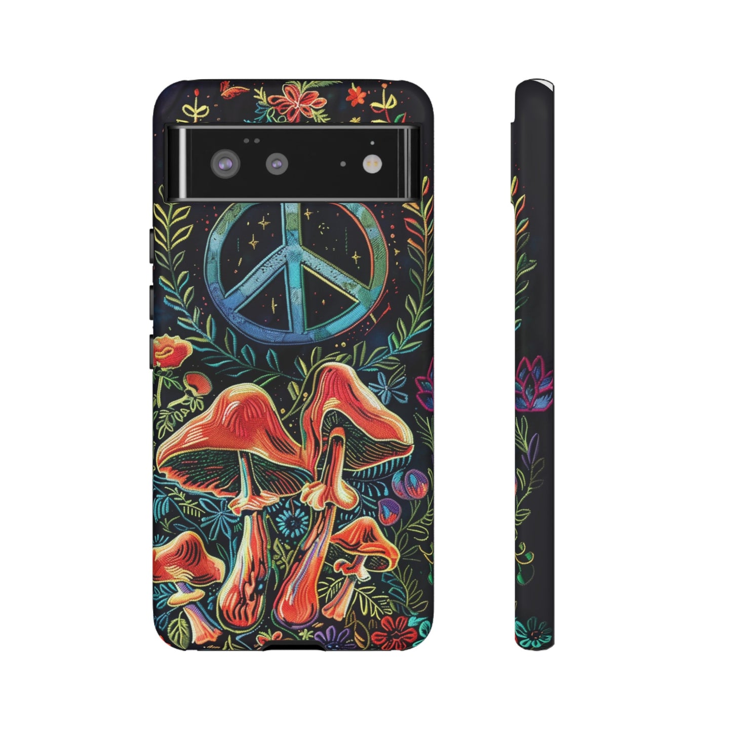 Embroidery Style Magic Mushrooms and Peace Sign Phone Case