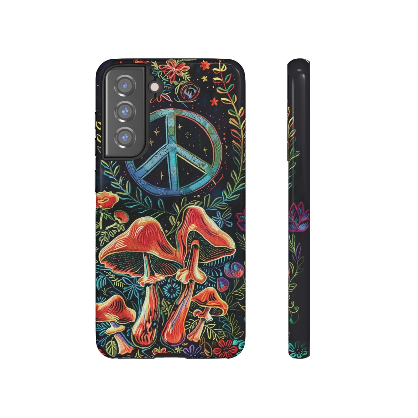 Embroidery Style Magic Mushrooms and Peace Sign Phone Case