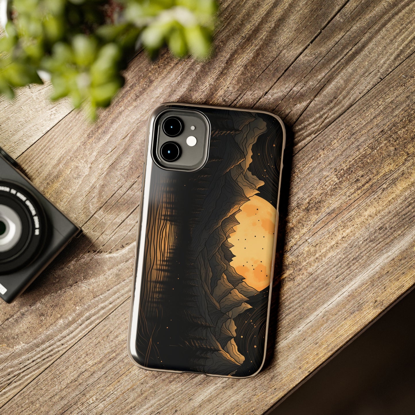 Abstract Landscape Black and Gold Mountains iPhone Case | Embrace the Mystical Full Moon