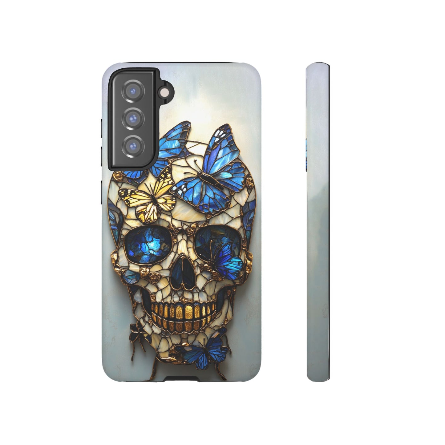 Gold and Blue Stained Glass Skull and Butterflies Phone Cover