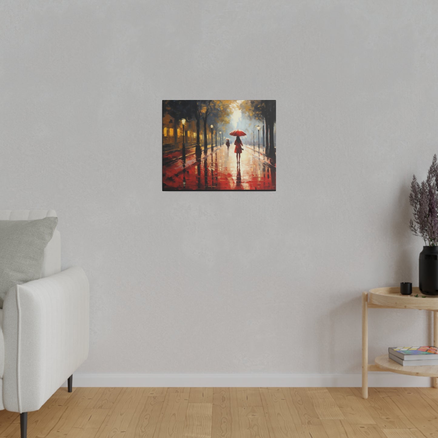 London at night in the rain with a Red Umbrella | Stretched Canvas Print
