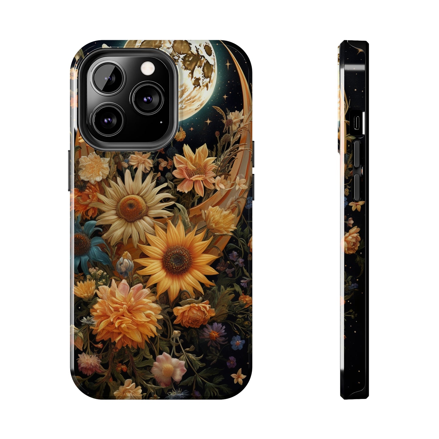 Celestial Charm: iPhone Case with Boho Cottagecore Fusion of Floral, Sun, Moon & Stars