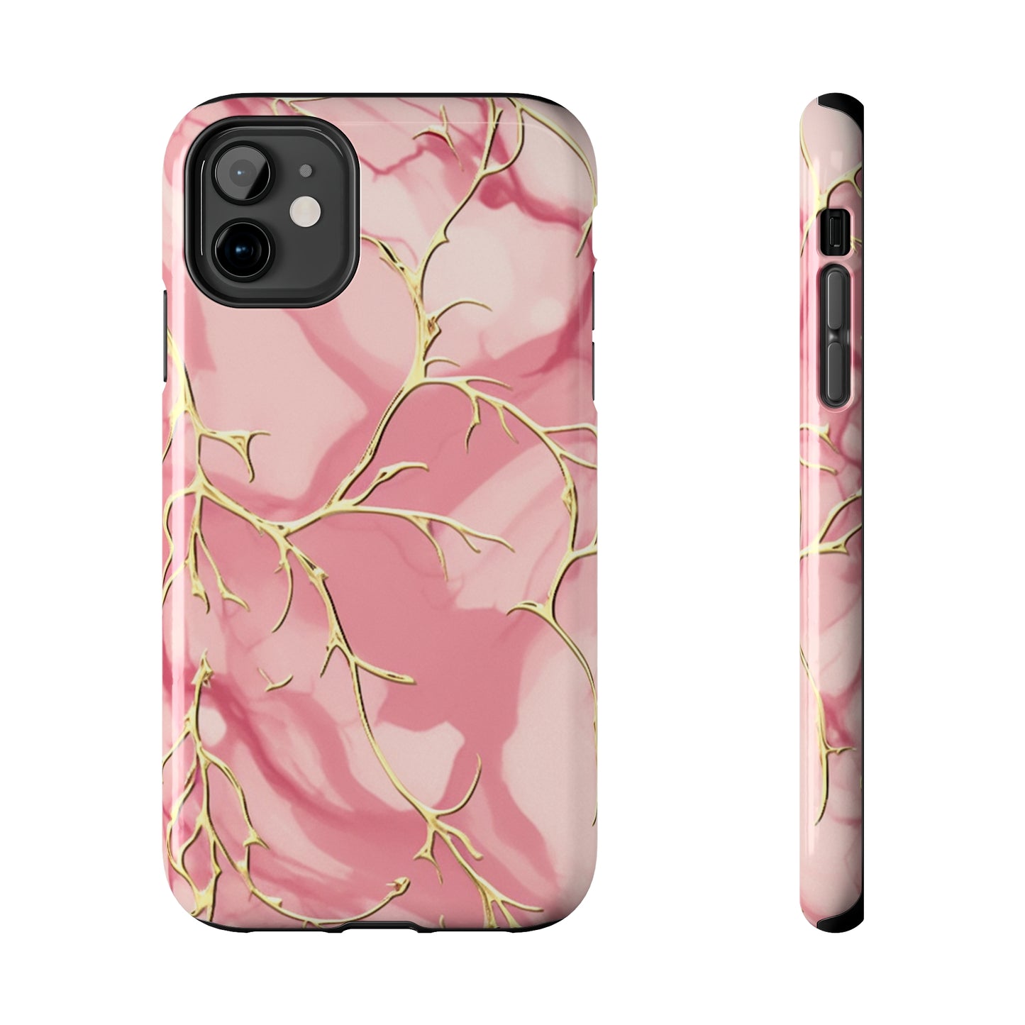 iPhone Elegance Unveiled: Pink & Gold Leaf Marble | Premium Tough iPhone Case