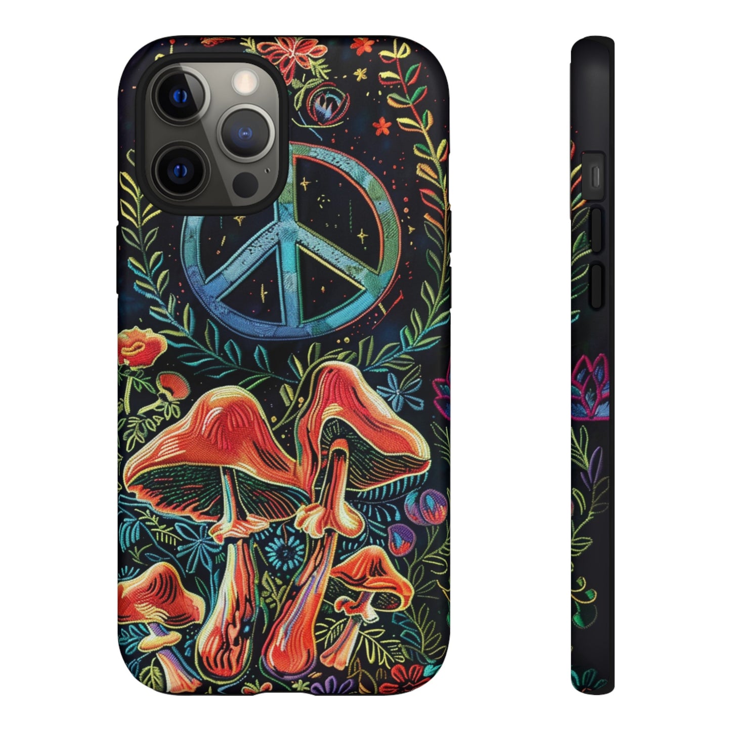 Embroidery Style Magic Mushrooms and Peace Sign Phone Case