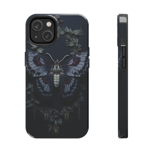 Dark academia inspired iPhone Tough Case with moth emblem