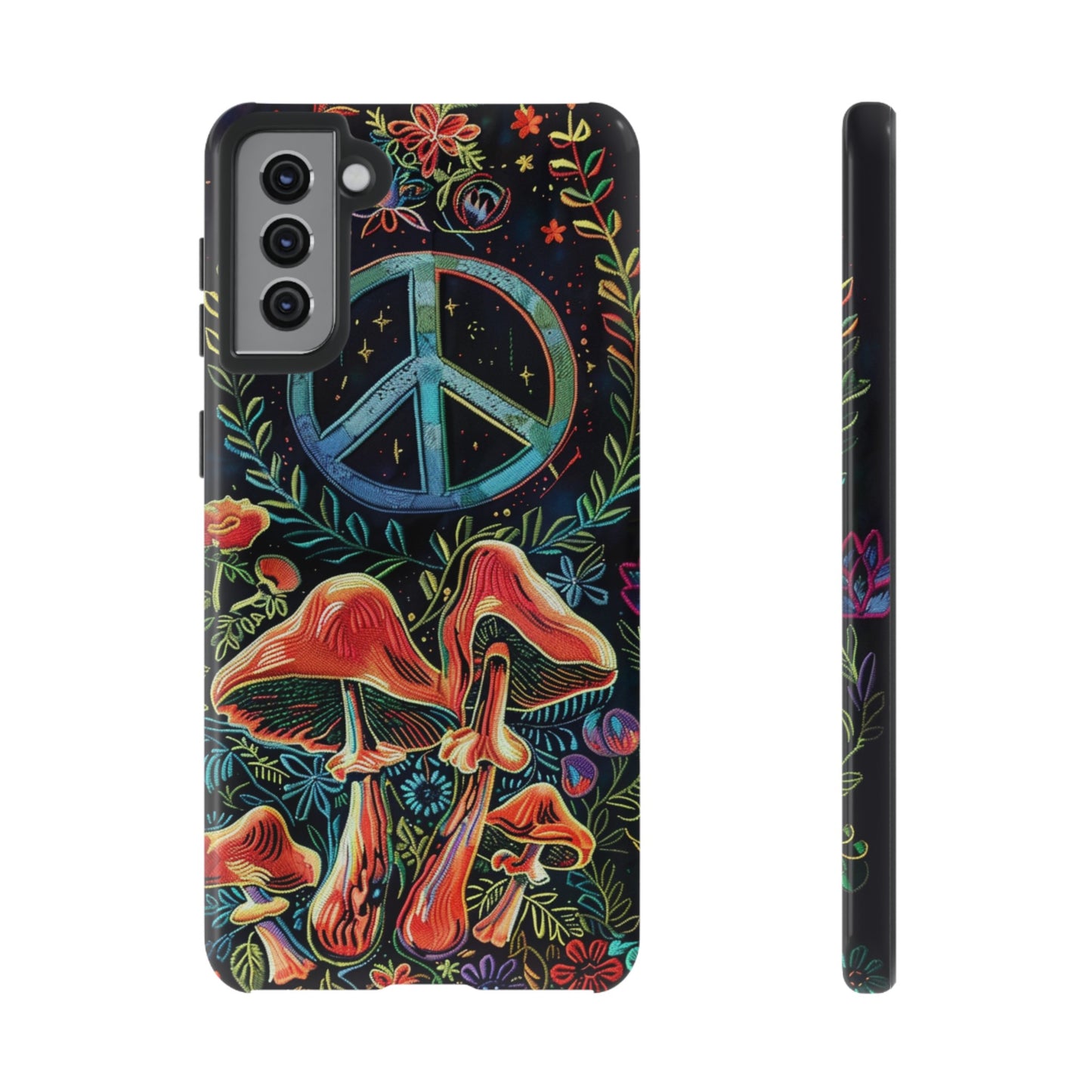 Embroidery Style Magic Mushrooms and Peace Sign Phone Case