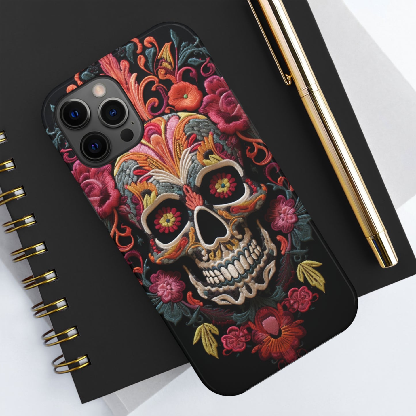 Embroidery Style Sugar Skulls Goth Dark Academia Tough Case iPhone, Edgy Cover, iPhone 14 Plus 13 12 7 8 Se Trendy Halloween Retro Vibe