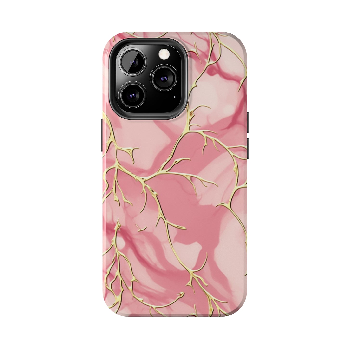 iPhone Elegance Unveiled: Pink & Gold Leaf Marble | Premium Tough iPhone Case