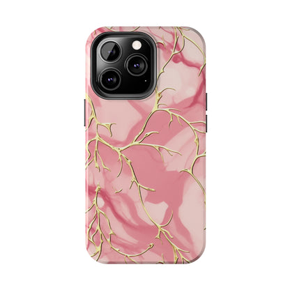 iPhone Elegance Unveiled: Pink & Gold Leaf Marble | Premium Tough iPhone Case