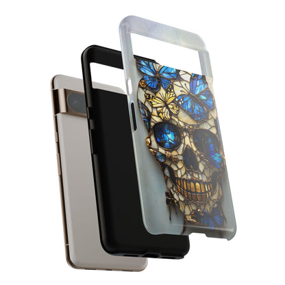 Gold and Blue Stained Glass Skull and Butterflies Phone Cover