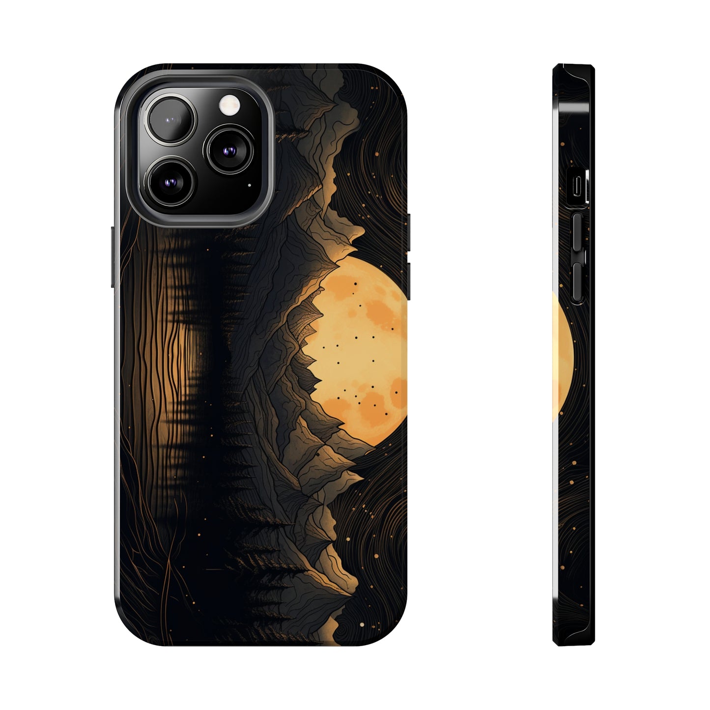 Abstract Landscape Black and Gold Mountains iPhone Case | Embrace the Mystical Full Moon