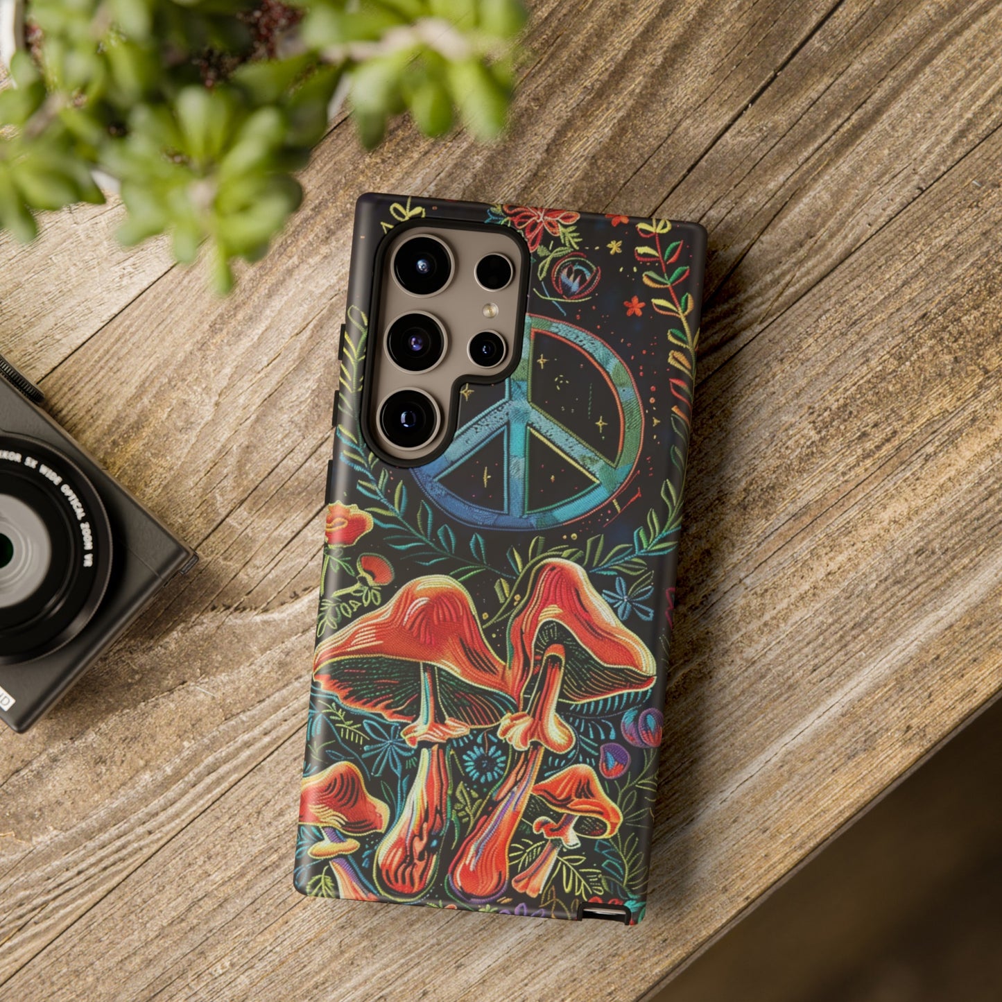 Embroidery Style Magic Mushrooms and Peace Sign Phone Case