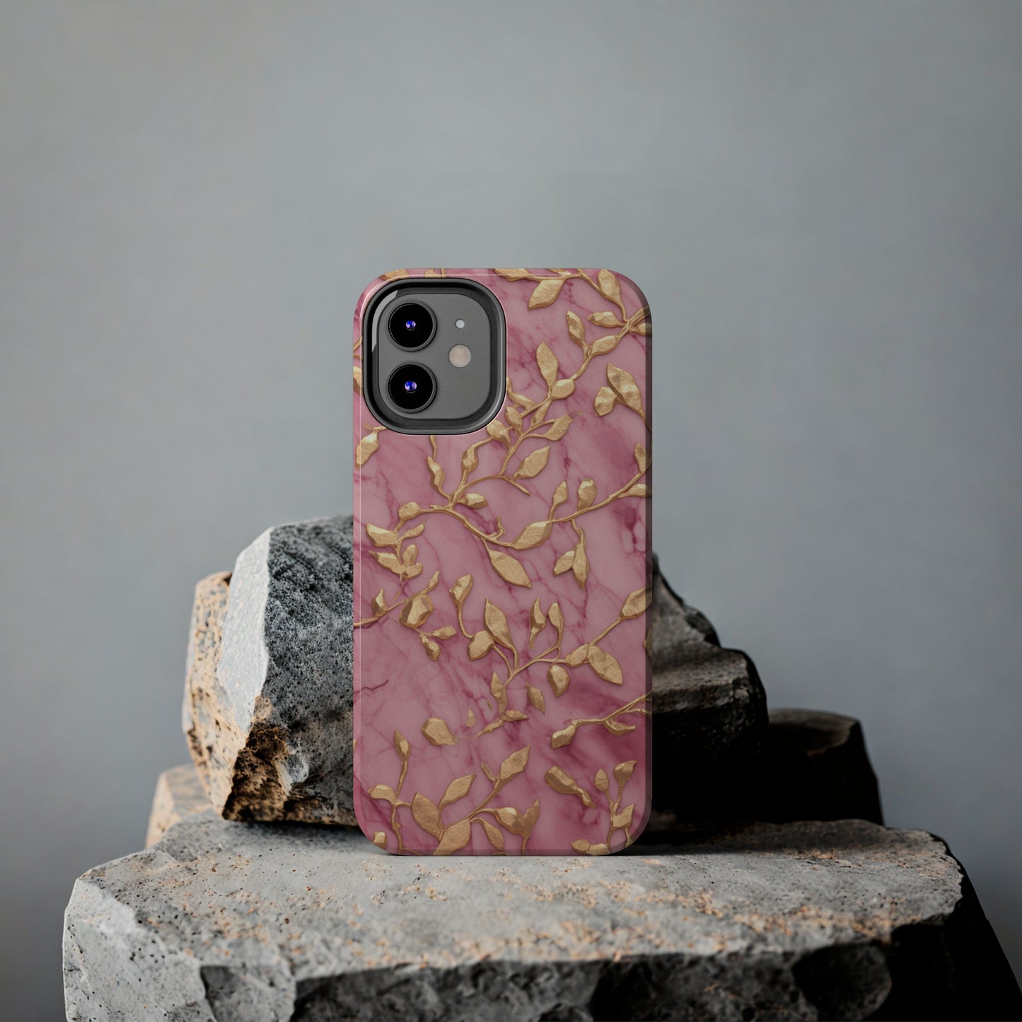 iPhone 14 Case Alluring Elegance: Pink & Gold Leaf Tough iPhone Case