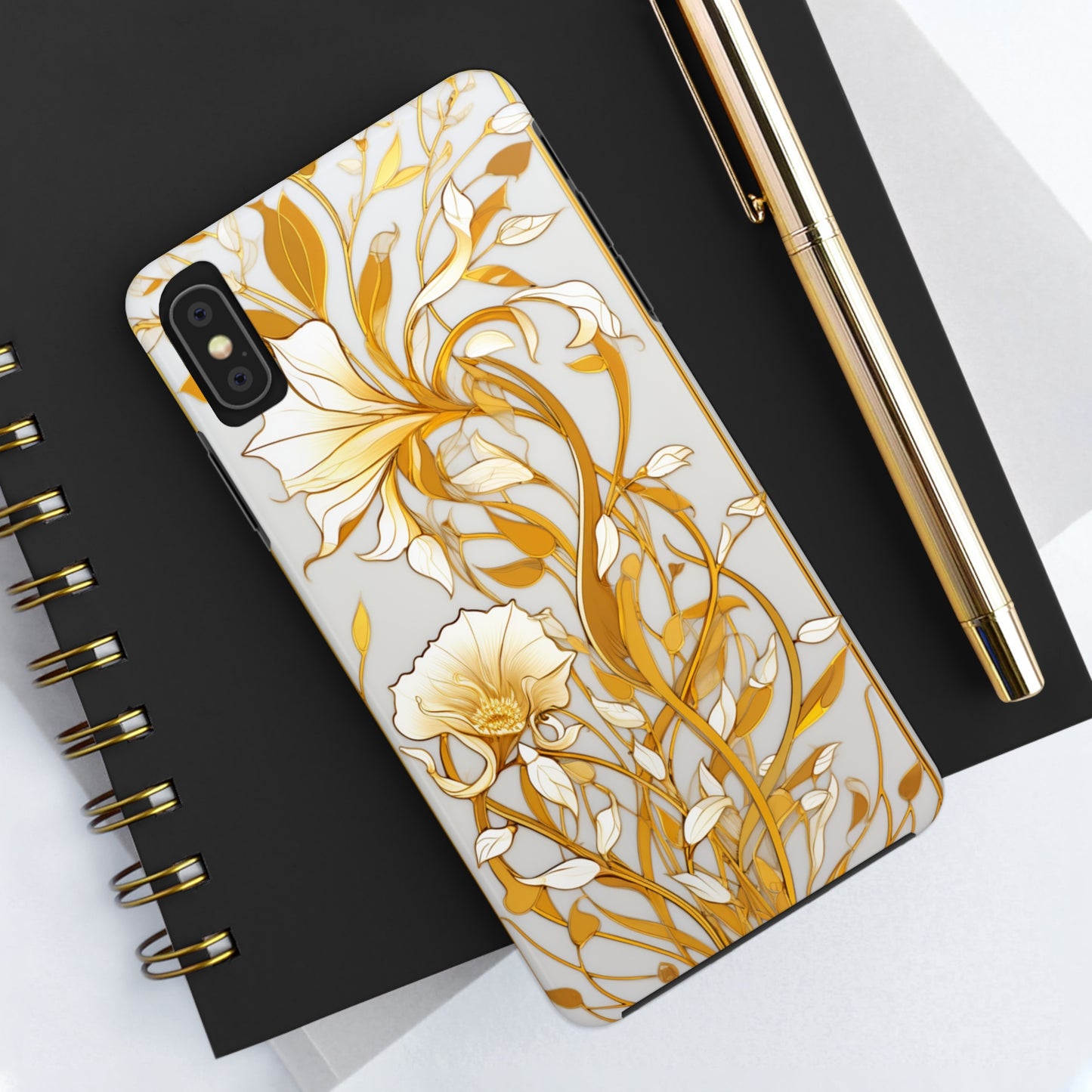 Gold floral Elegance: Art Deco Stained Glass iPhone Case | Vintage Glamour & Modern Protection for iPhone Models 11 through 14 Pro Max