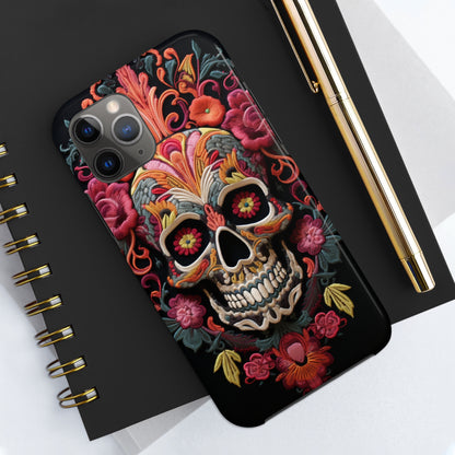 Embroidery Style Sugar Skulls Goth Dark Academia Tough Case iPhone, Edgy Cover, iPhone 14 Plus 13 12 7 8 Se Trendy Halloween Retro Vibe