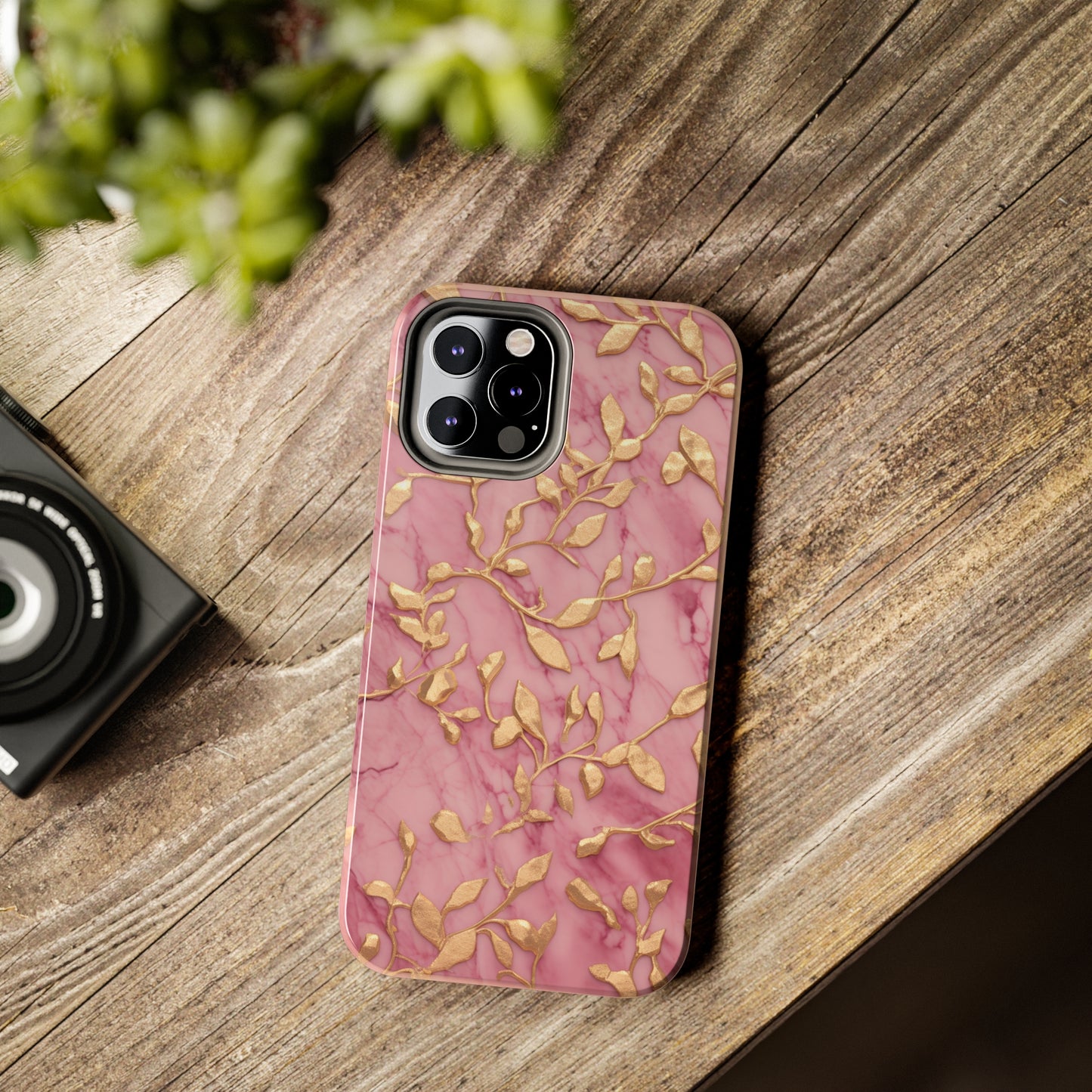 iPhone 14 Case Alluring Elegance: Pink & Gold Leaf Tough iPhone Case