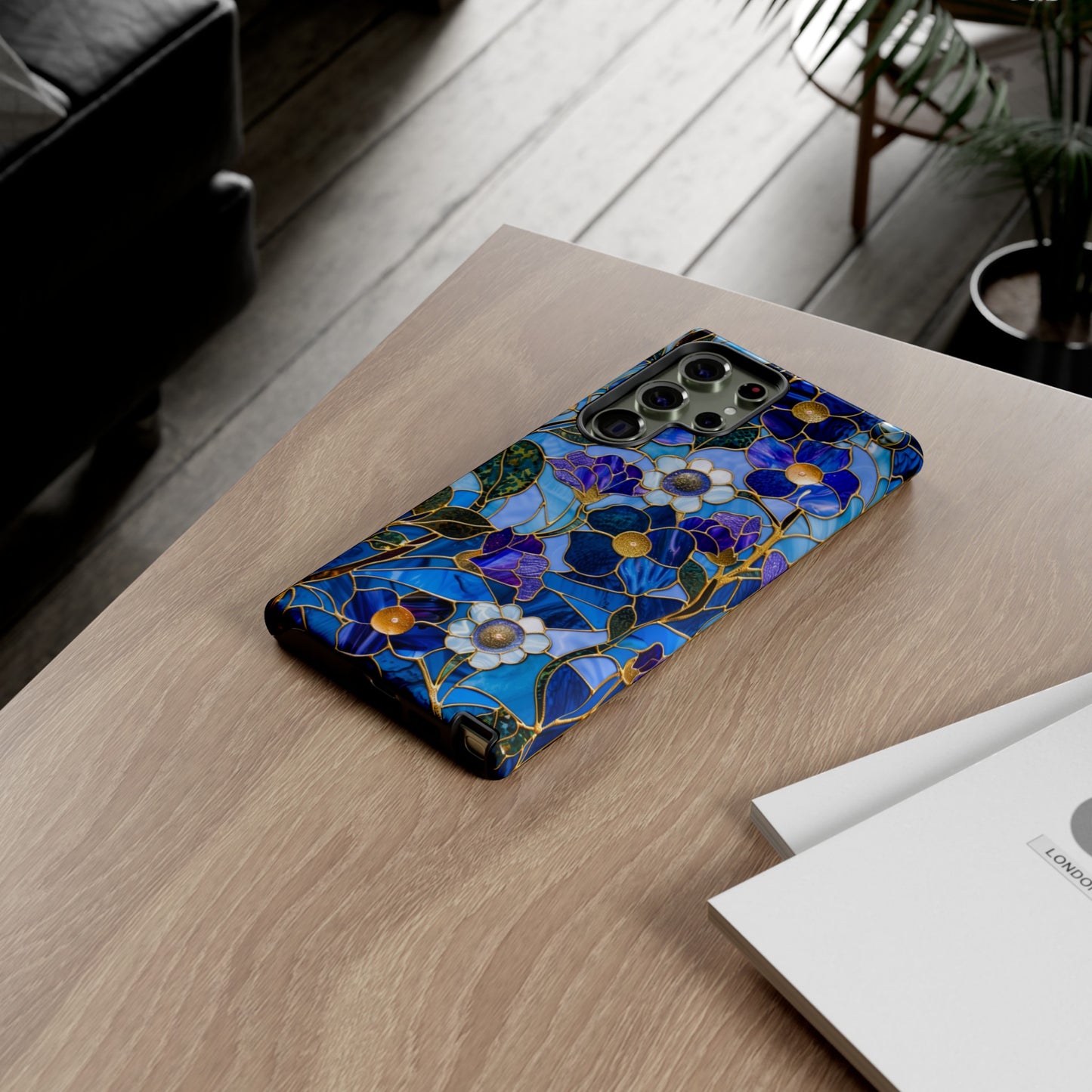 Blue Floral Stained Glass Gold Inlay Wild Flowers Phone Case