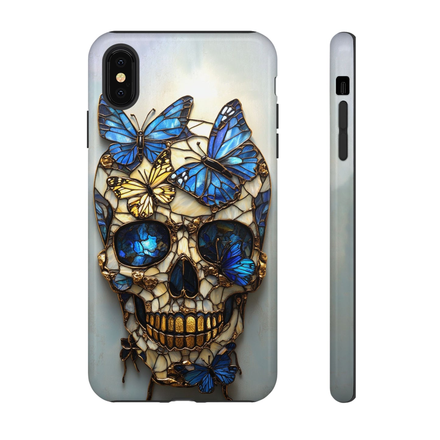 Gold and Blue Stained Glass Skull and Butterflies Phone Cover