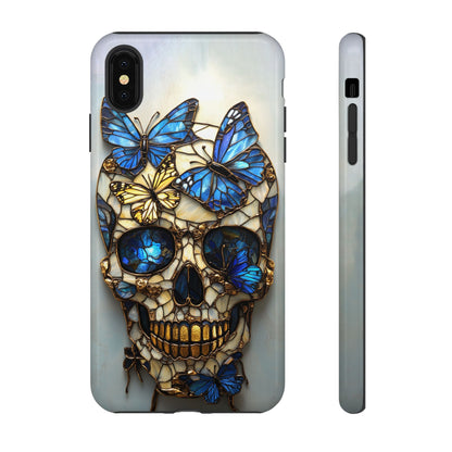 Gold and Blue Stained Glass Skull and Butterflies Phone Cover