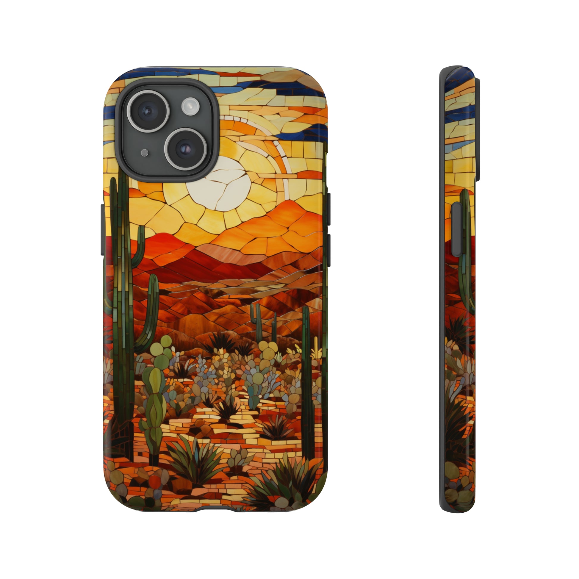 Desert sunset and cactus mosaic tile case for iPhone 15