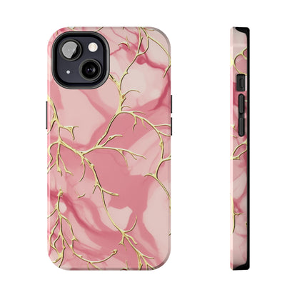 iPhone Elegance Unveiled: Pink & Gold Leaf Marble | Premium Tough iPhone Case