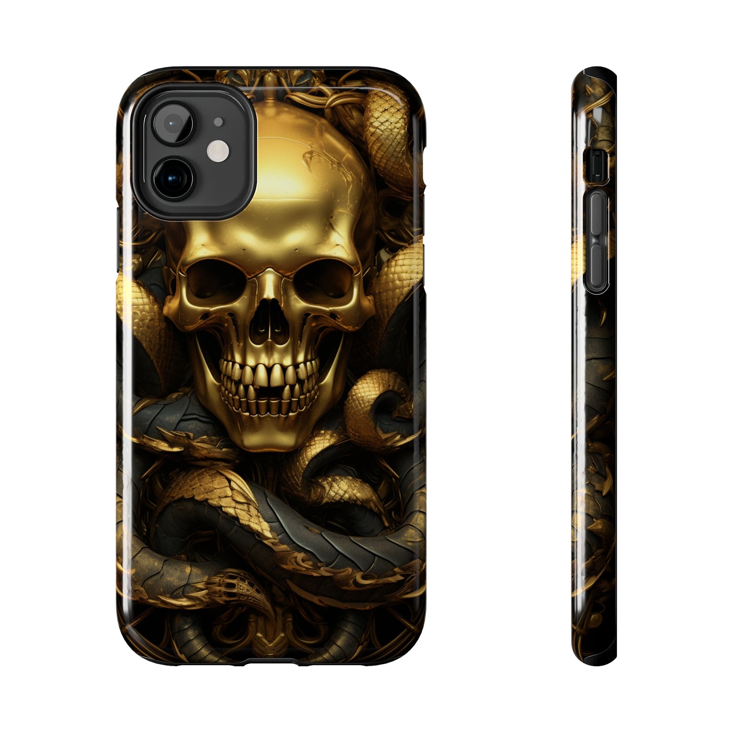 iPhone 14 Case Dark Elegance: Gold Skulls and Snakes Tough iPhone Case | An Edgy Goth Delight