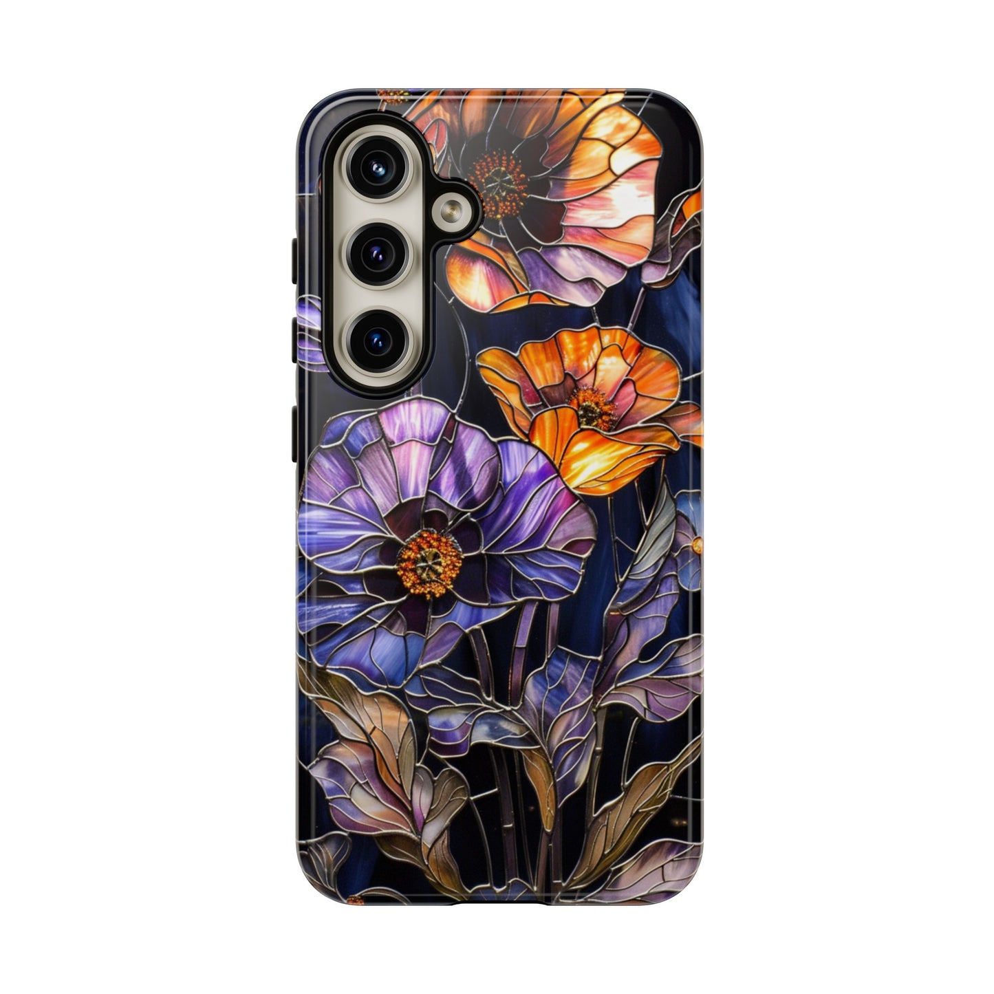 Night blossom phone case for iPhone 15 with stained glass design