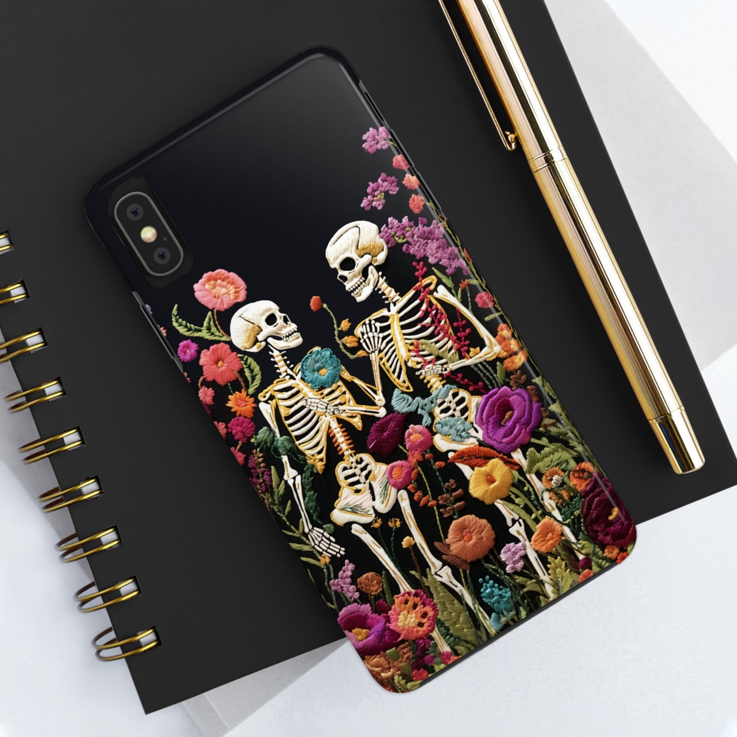 Love Halloween Skeletons Embroidery iPhone Case | iPhone X to iPhone 14 Pro Max