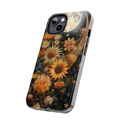 Celestial Charm: iPhone Case with Boho Cottagecore Fusion of Floral, Sun, Moon & Stars