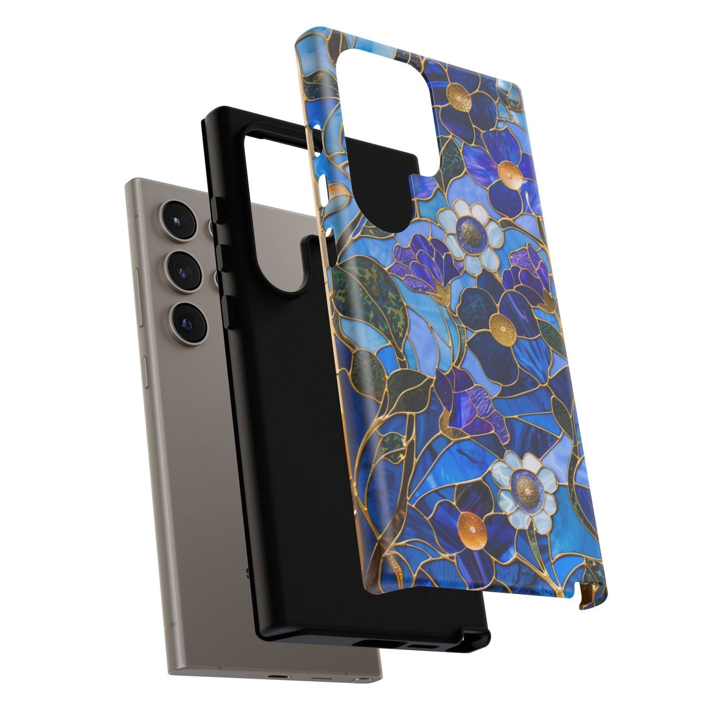 Blue Floral Stained Glass Gold Inlay Wild Flowers Phone Case