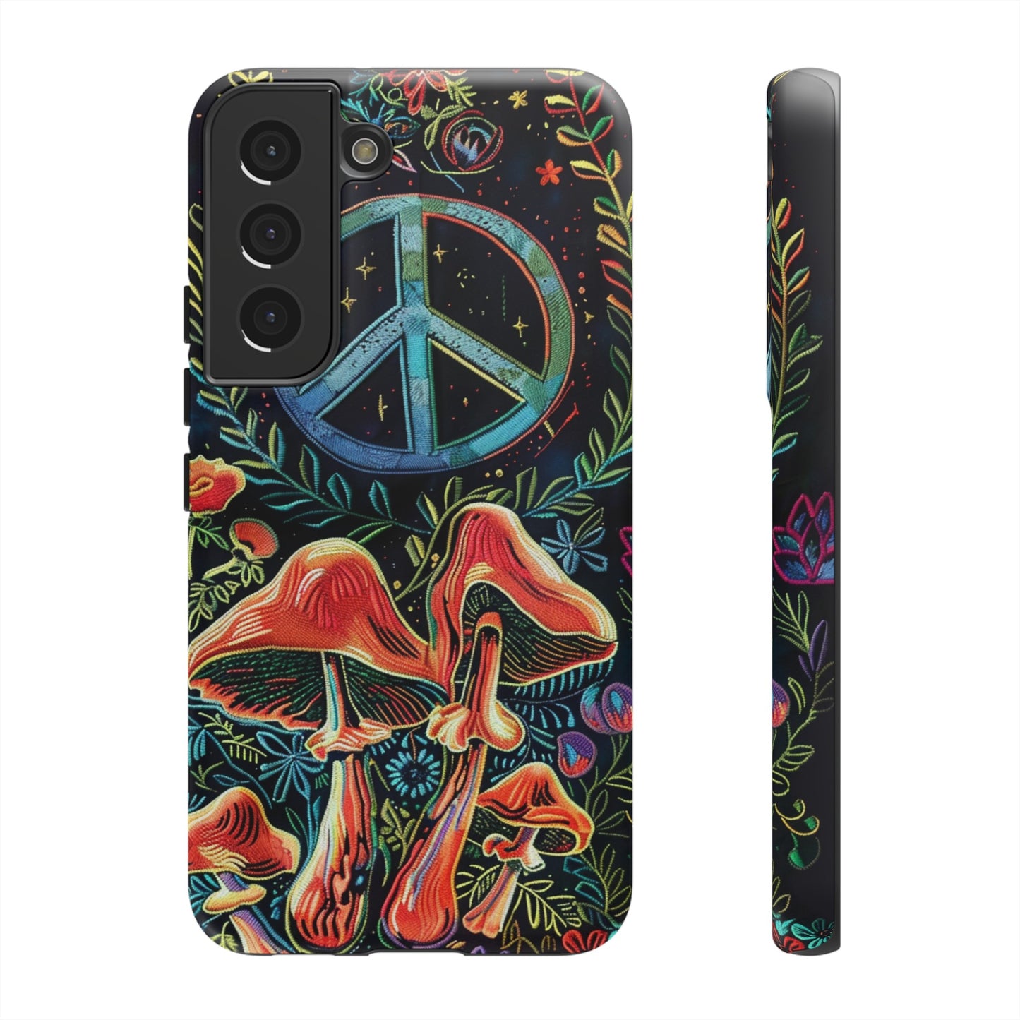 Embroidery Style Magic Mushrooms and Peace Sign Phone Case