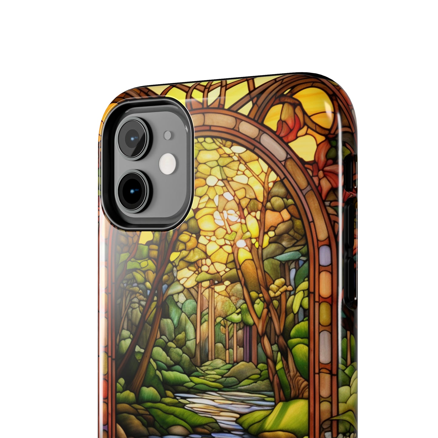 Stained Glass Stone Bridge and River Phone Case: Floral Art Nouveau Design | Bohemian Elegance for iPhone 14 Pro Max, iPhone 14 Plus