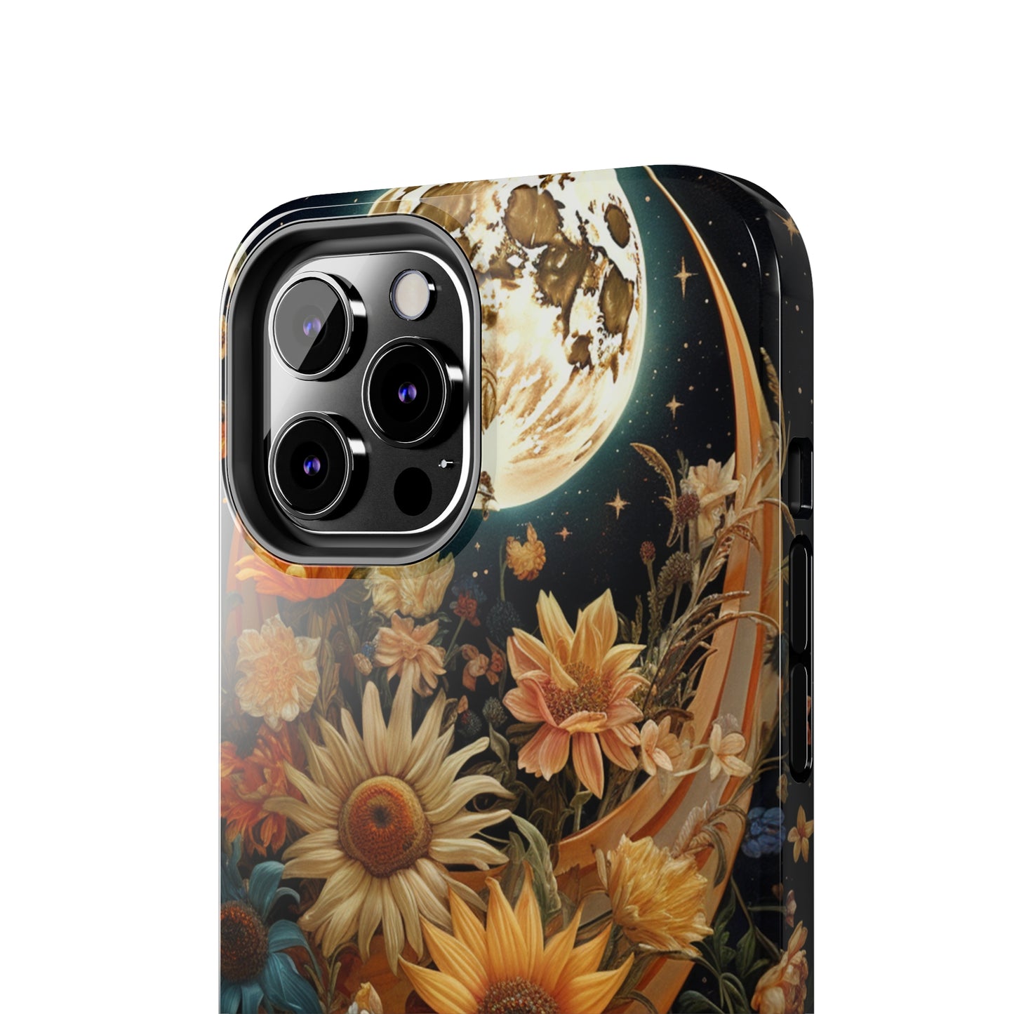 Celestial Charm: iPhone Case with Boho Cottagecore Fusion of Floral, Sun, Moon & Stars