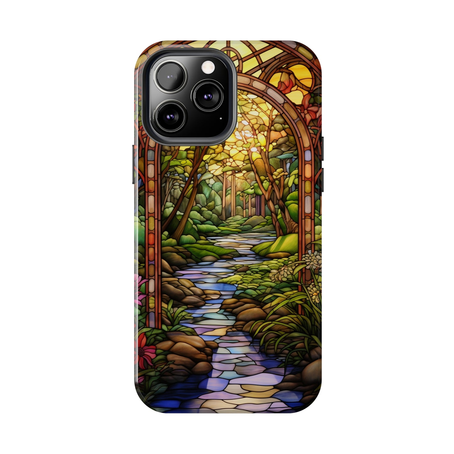 Stained Glass Stone Bridge and River Phone Case: Floral Art Nouveau Design | Bohemian Elegance for iPhone 14 Pro Max, iPhone 14 Plus