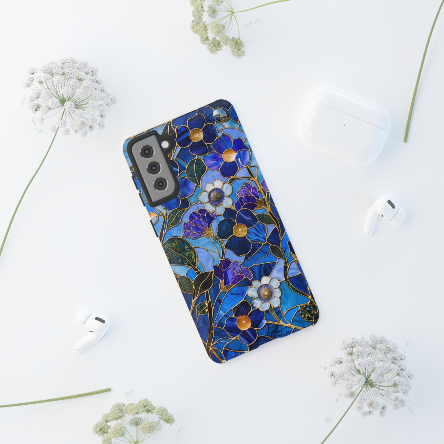 Blue Floral Stained Glass Gold Inlay Wild Flowers Phone Case