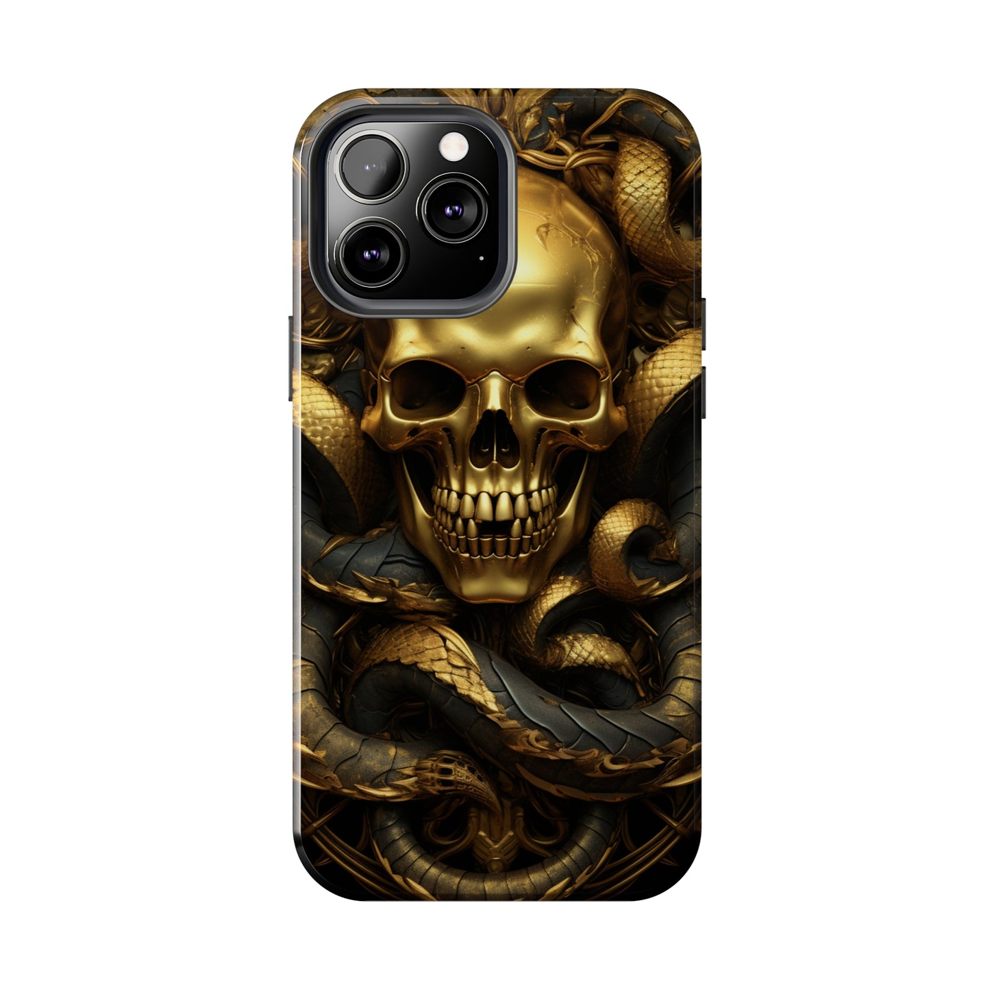 iPhone 14 Case Dark Elegance: Gold Skulls and Snakes Tough iPhone Case | An Edgy Goth Delight