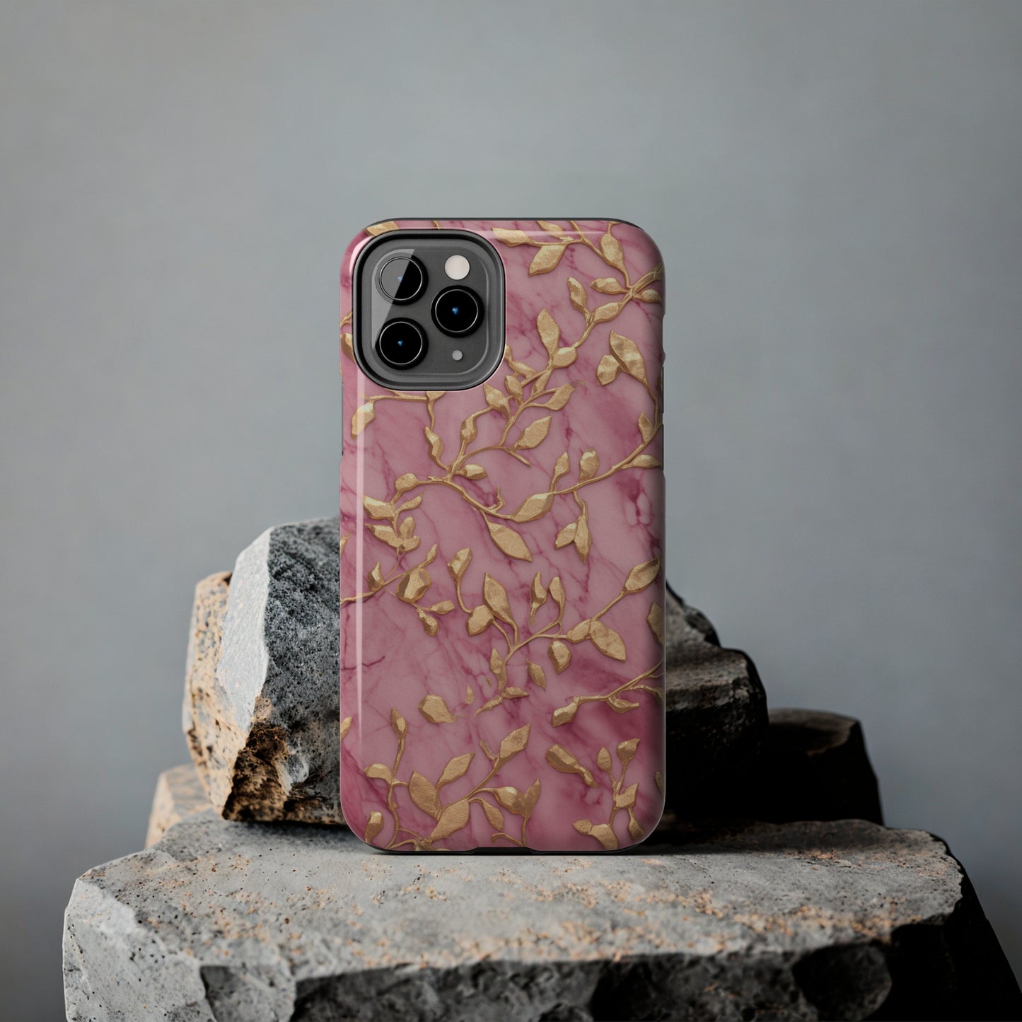 iPhone 14 Case Alluring Elegance: Pink & Gold Leaf Tough iPhone Case