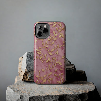 iPhone 14 Case Alluring Elegance: Pink & Gold Leaf Tough iPhone Case