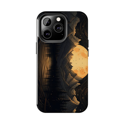 Abstract Landscape Black and Gold Mountains iPhone Case | Embrace the Mystical Full Moon