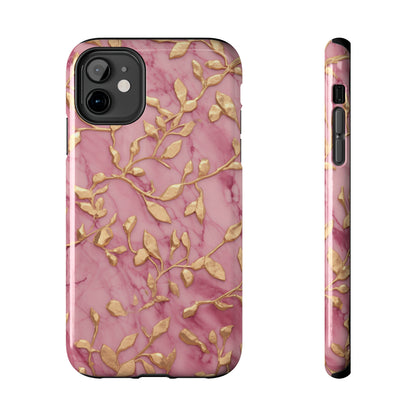 iPhone 14 Case Alluring Elegance: Pink & Gold Leaf Tough iPhone Case