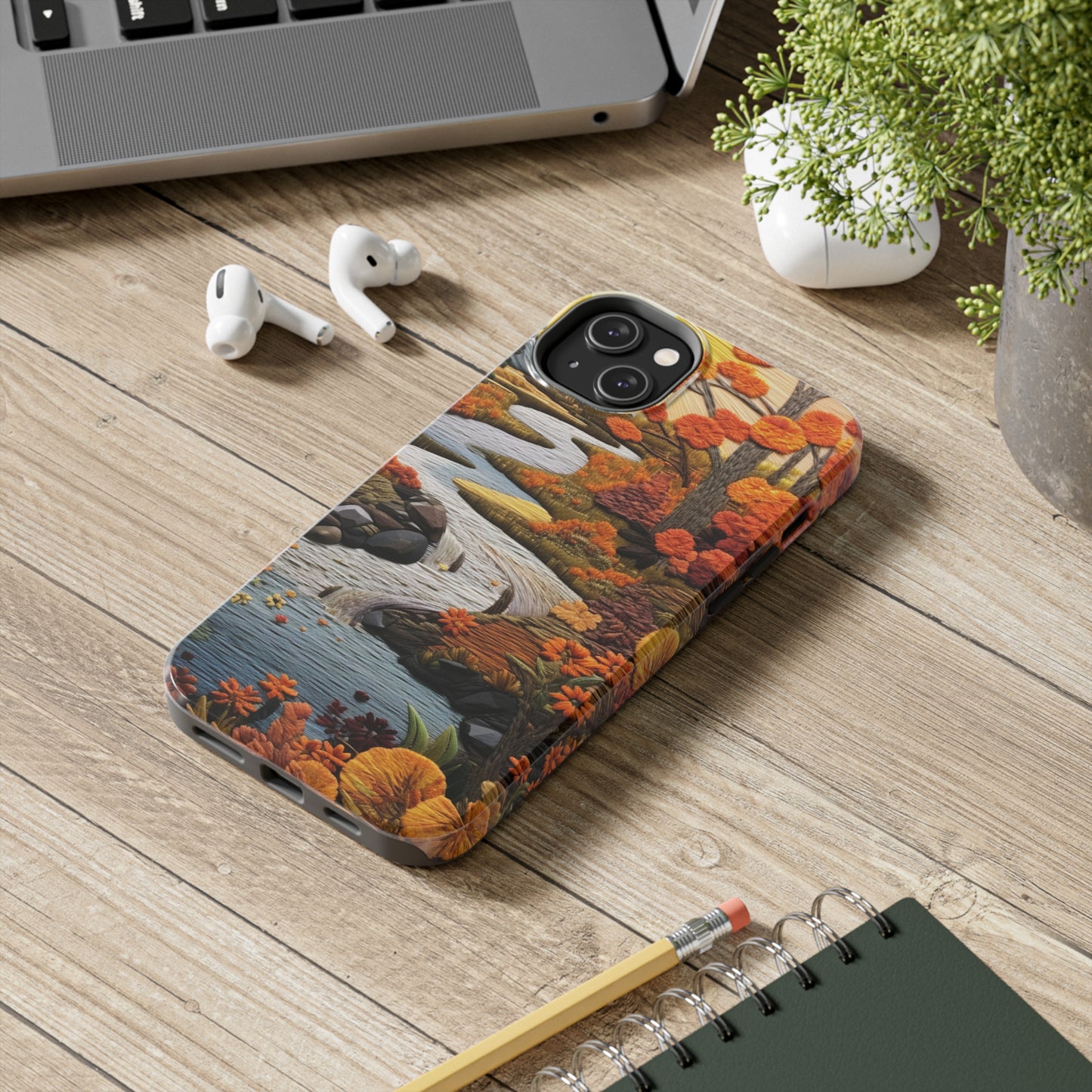 Enchanting Fall Landscape Phone Case | Vintage Boho Embroidery Style