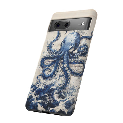 Vintage Japanese Art Style Blue Octopus and Waves Phone Cover