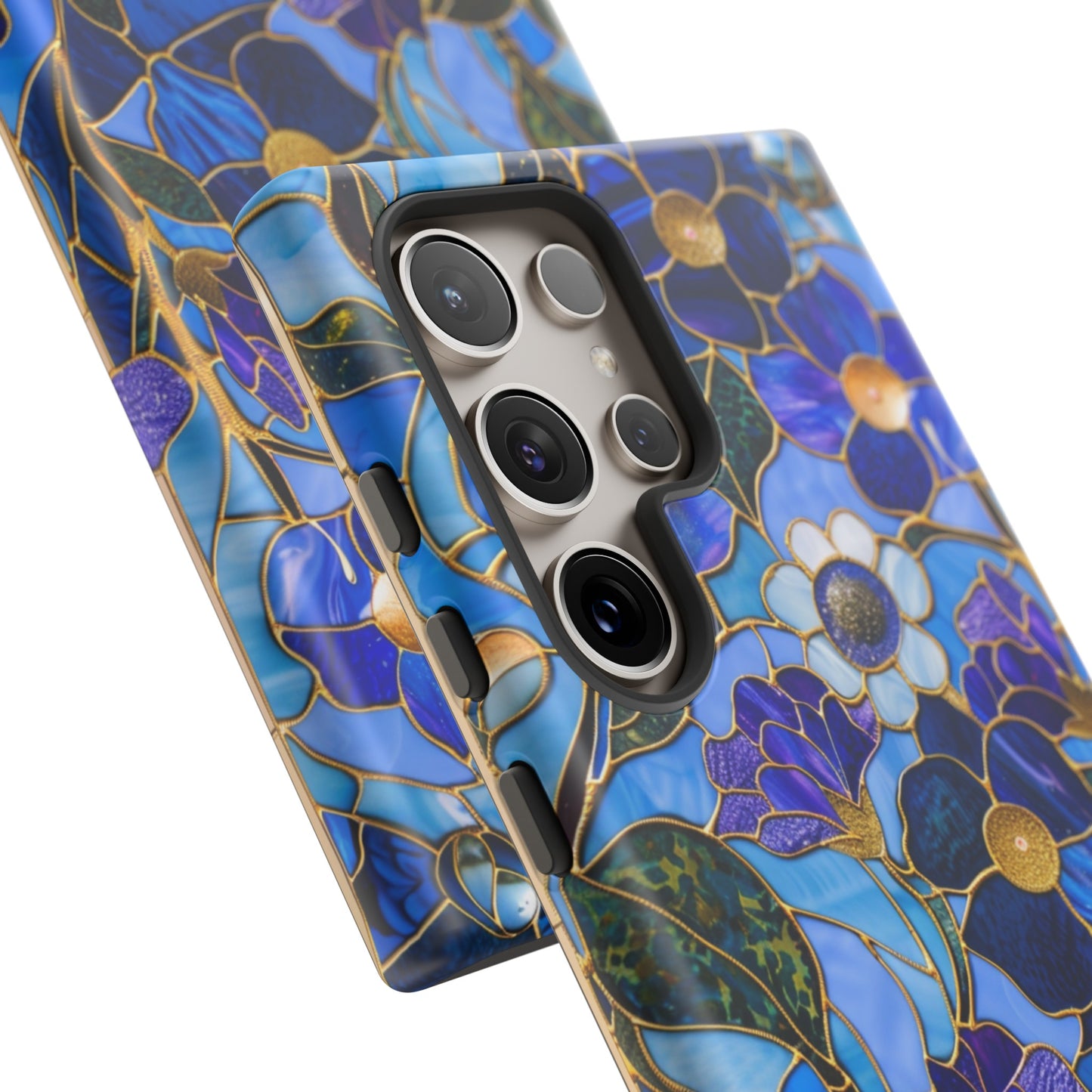 Blue Floral Stained Glass Gold Inlay Wild Flowers Phone Case